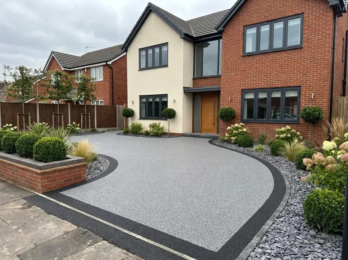 A modern house with a grey resin-bound driveway, dark border, and well-maintained front garden landscaping.